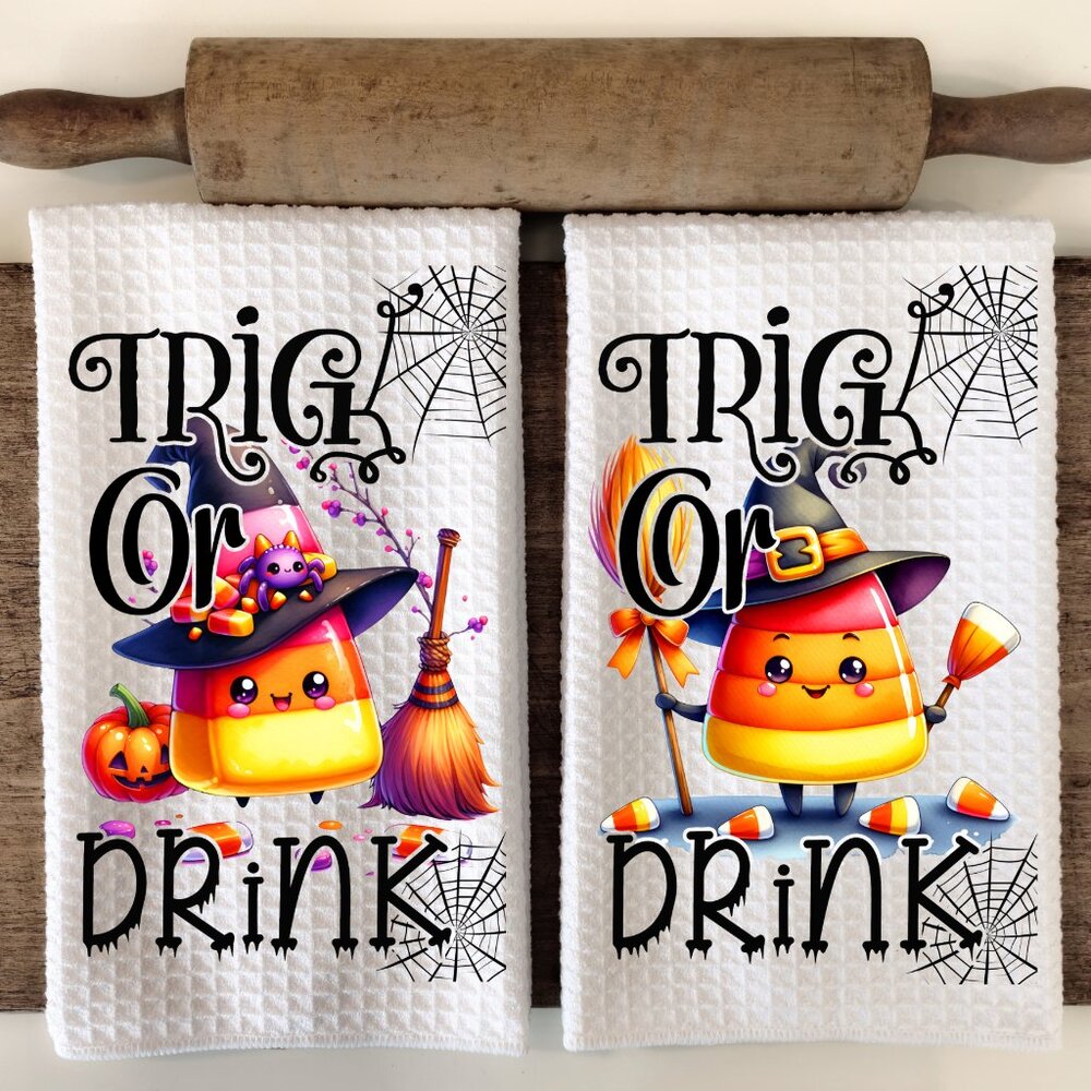 Halloween Kitchen Towel Set  Trick Or Treat Candy Corn Dish Towel